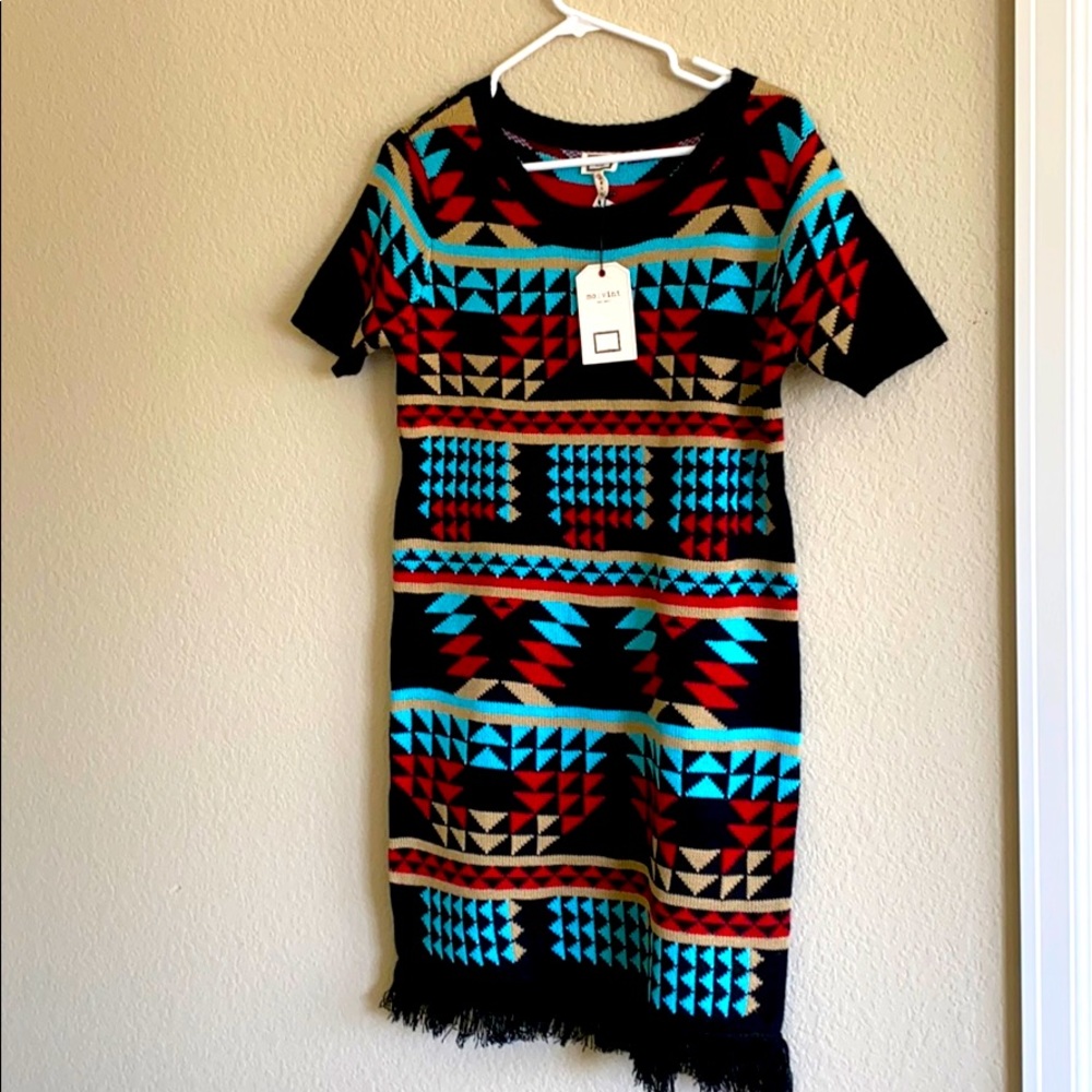 Serape Aztec Black Print Fringe Sweater Dress - Size Small